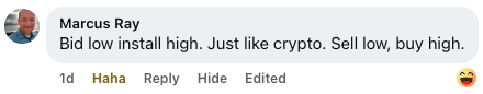 On Facebook, Marcus Ray commented: "Bid low, install high. Just like roofing pricing strategies. Sell low, buy high." The comment is followed by a laughing emoji and "Haha" highlighted. Actionable Takeaway: Be wary of pricing tactics that promise low bids but deliver higher charges later—transparency and honesty build lasting customer trust.