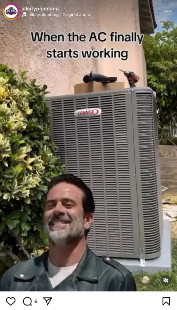 A man stands contentedly in front of a large outdoor Lennox AC unit beside a house, smiling with relief. Text above: “When the AC finally starts working.” Capture your audience’s attention with relatable moments like this. Lush green bushes frame the scene on the left.