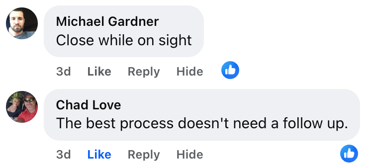 On Hook Agency’s website, a highlighted Facebook comment thread on HVAC marketing features Michael Gardner stating, "Close while on site," with Chad Love replying, "The best process doesn't need a follow-up." Both comments display the users’ profile pictures.