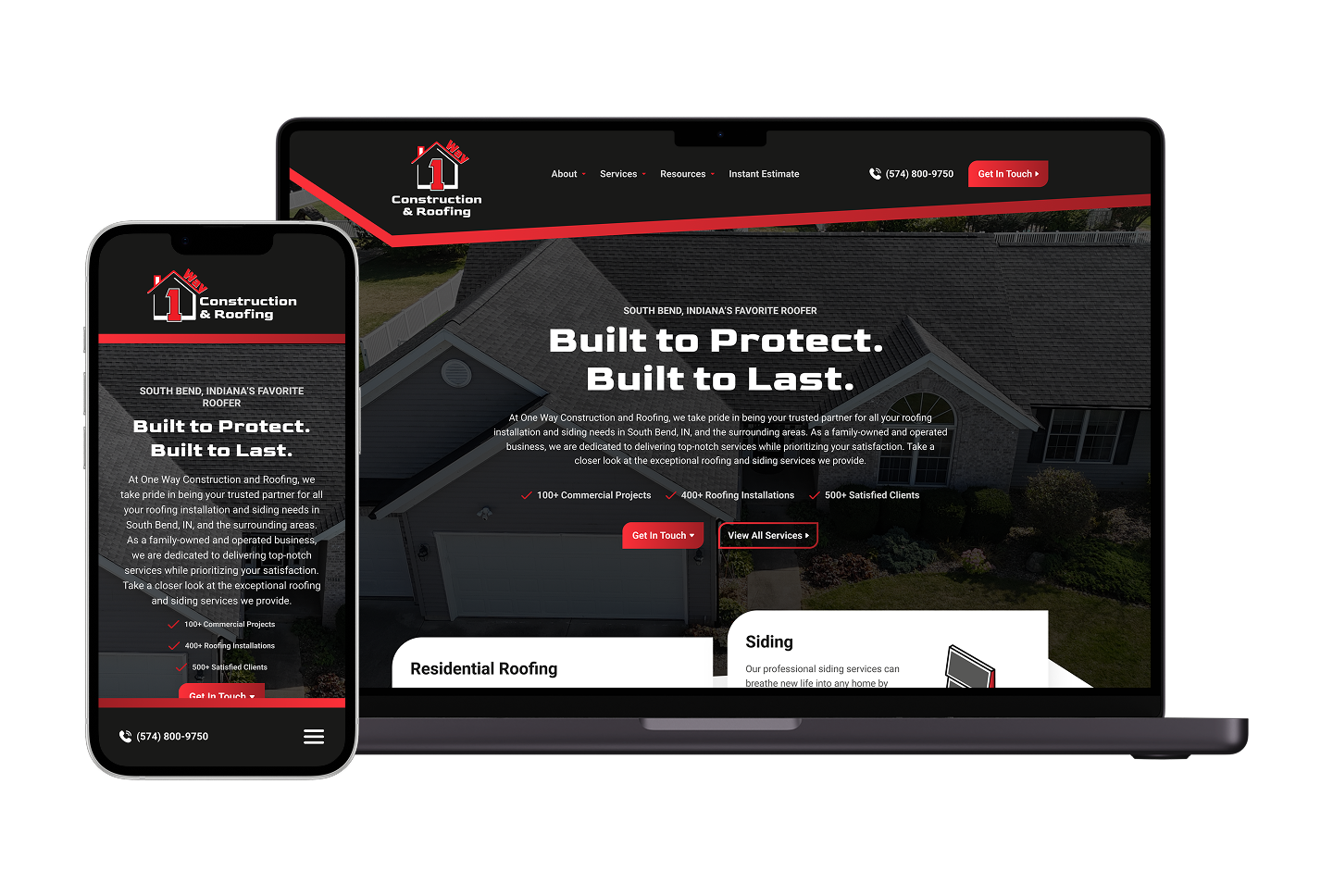 A smartphone and laptop showcase a construction and roofing company’s homepage, featuring a dark header, streamlined navigation, and bold white text overlaying an aerial roof photo—ideal for displaying completed projects in a professional digital lookbook.