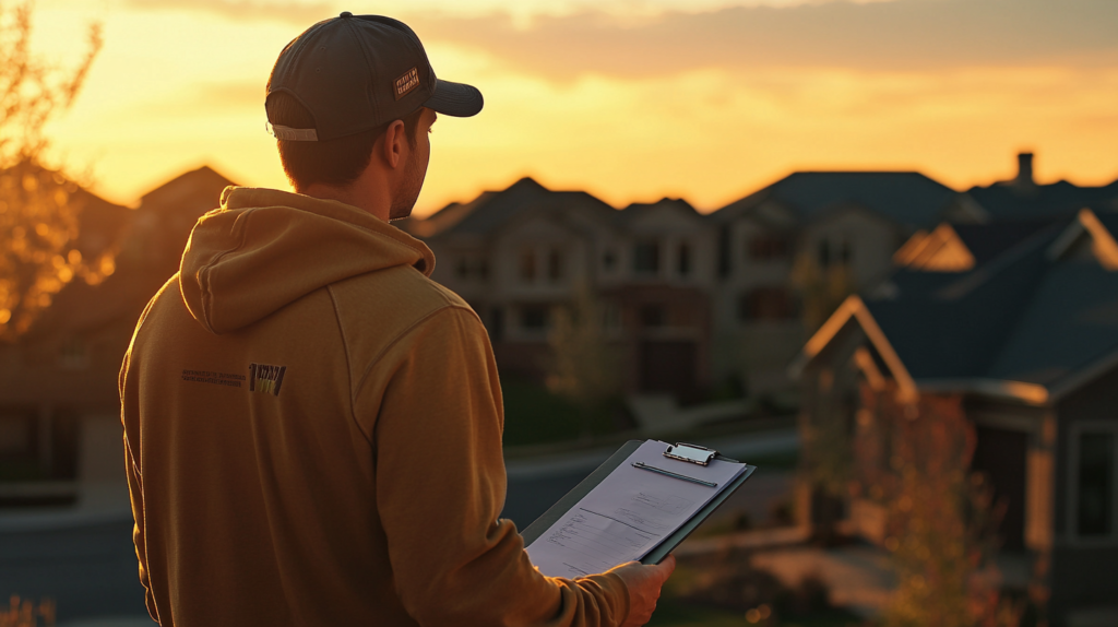 A professional in a hoodie and cap stands outside in a suburban neighborhood at sunset, clipboard in hand, evaluating nearby homes to determine effective roofing pricing strategies.