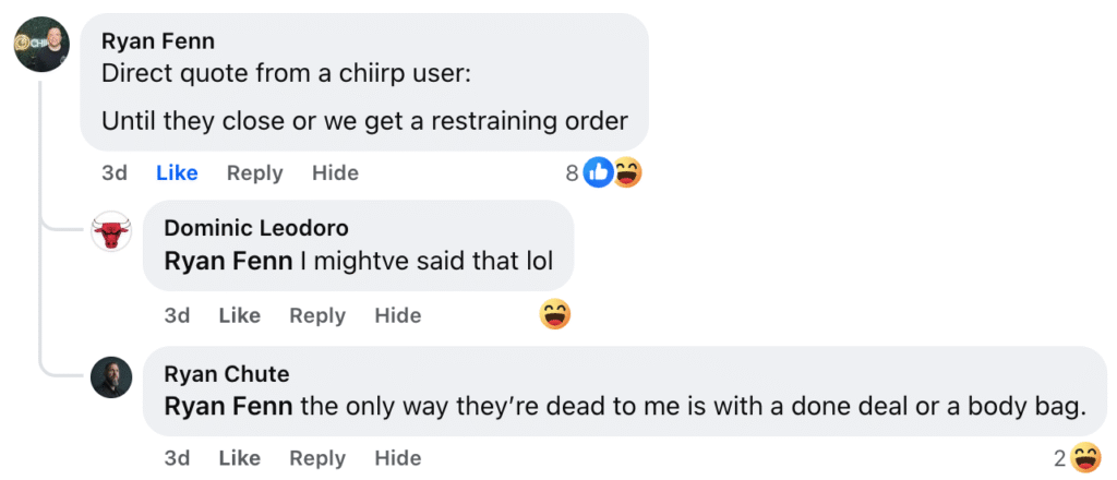 A Facebook comment thread features playful banter among users: Ryan Fenn quotes a user’s joke about returning “until they close or get a restraining order,” while Dominic Leodoro and Ryan Chute join in with sarcastic remarks and laughing emojis—poking fun at persistent HVAC follow-up strategies.