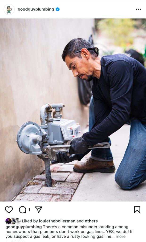 Showcase a plumber in action—kneeling outdoors, inspecting and servicing a residential gas meter with a wrench. Use real-world plumbing scenarios like this in your social media posts to engage and build trust with your audience.