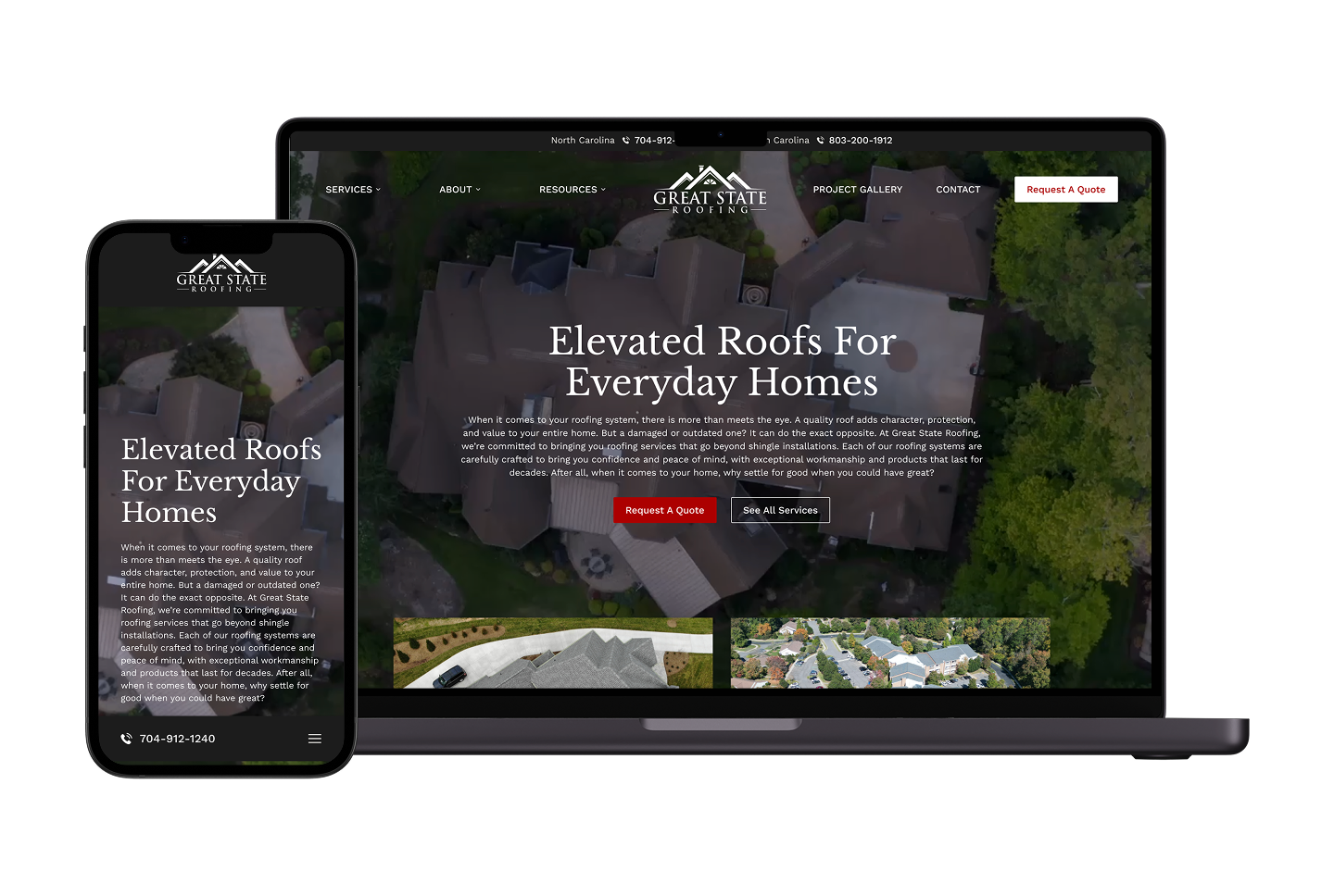 A laptop and smartphone showcase a roofing company’s homepage with an aerial rooftop image, company logo, streamlined navigation, and a bold headline—"Elevated Roofs For Everyday Homes"—all presented in a contemporary lookbook style.