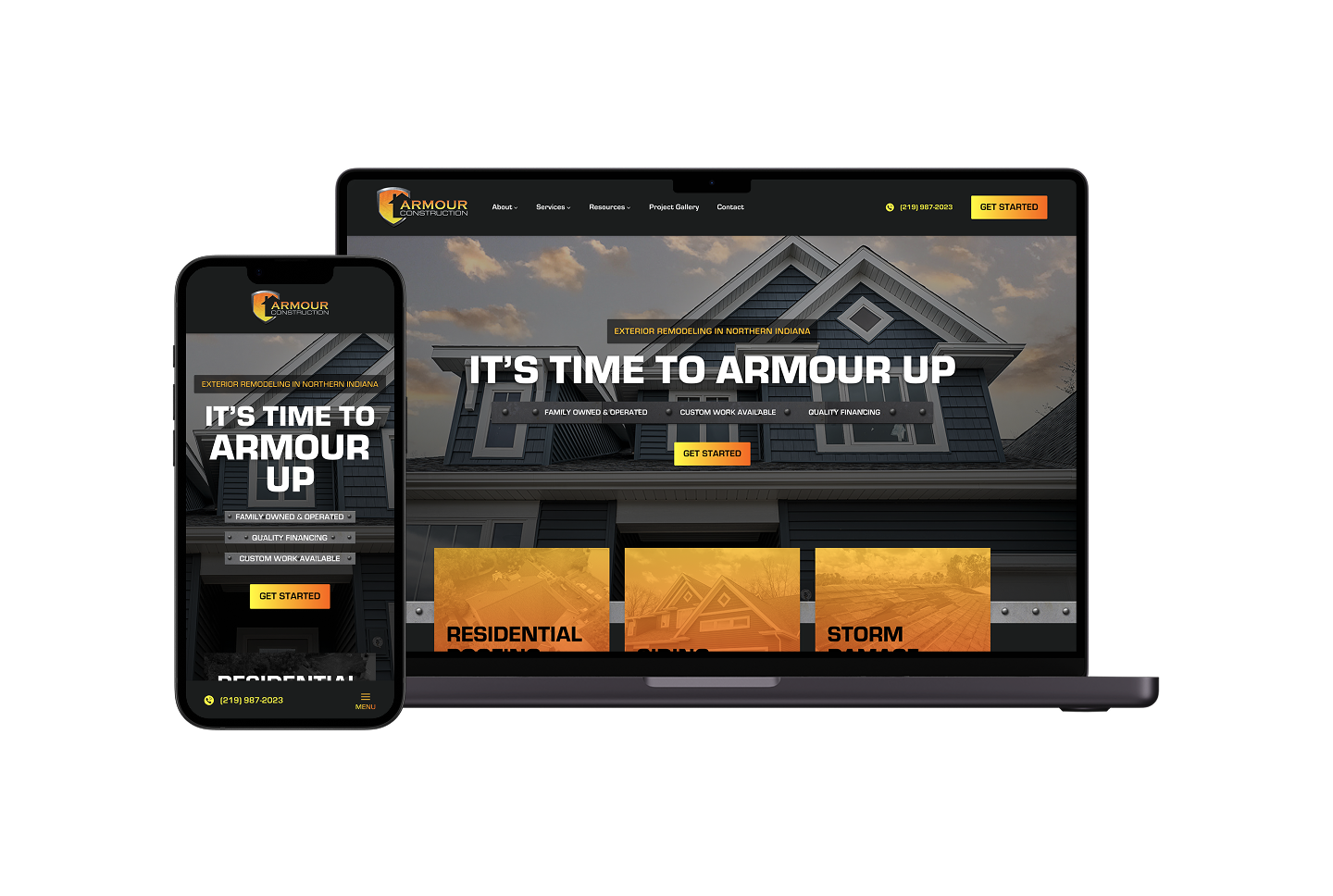 A smartphone and laptop showcase a roofing company website, featuring a prominent "IT’S TIME TO ARMOUR UP" headline, intuitive navigation, vibrant orange call-to-action buttons, and a lookbook highlighting completed roofing projects.