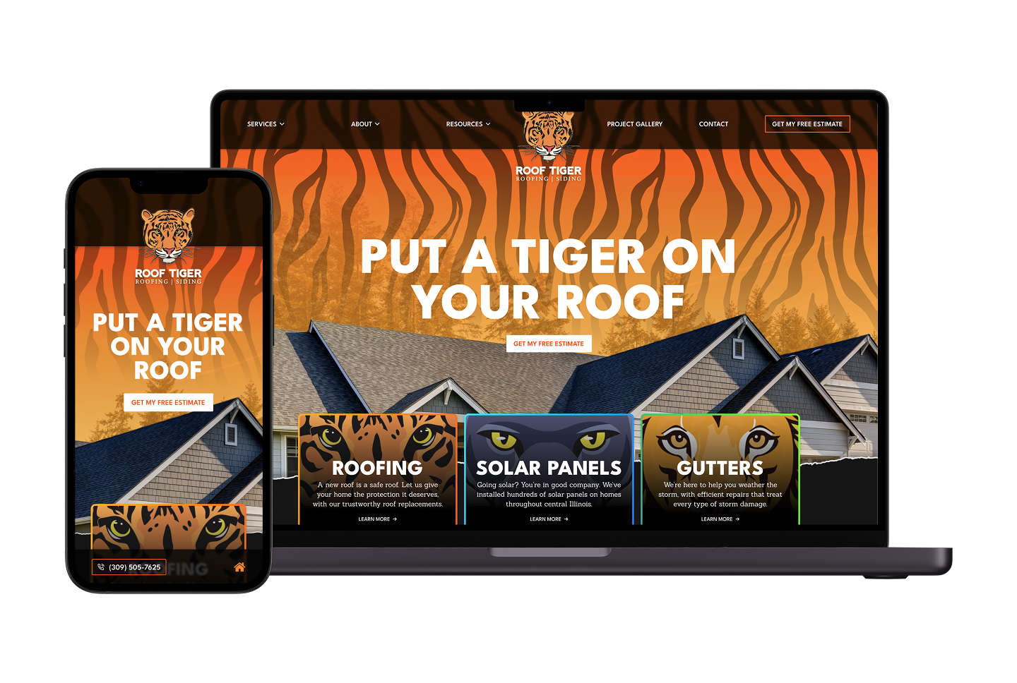 A laptop and smartphone showcase a roofing company website featuring a bold, lookbook-inspired design with striking orange and black tiger stripes. The homepage highlights the “Put a Tiger On Your Roof” slogan, prominent tiger graphic, and clearly organized service options.