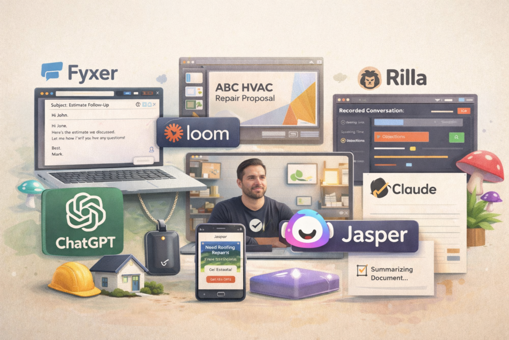 Collage of top AI tools—ChatGPT, Jasper, Claude, Fixer, Loom, Rilla—displayed around a man at his desk with work visuals.