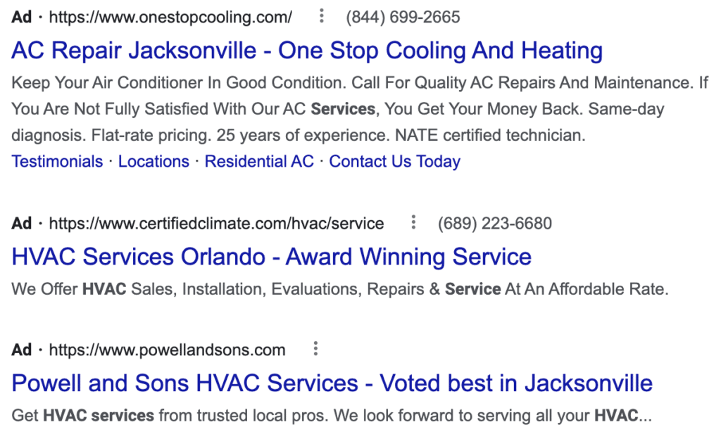 Screenshot of three Florida HVAC Google ads showing company names, contacts, services, and awards—prime PPC ad inspiration.