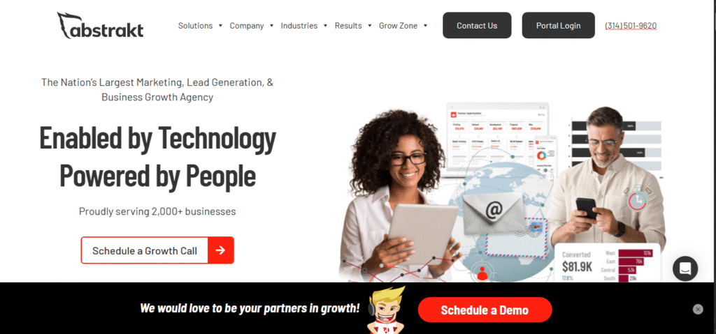 On Hook Agency’s site, a woman with curly hair uses a tablet and a man with glasses uses a laptop amid business charts and graphics.