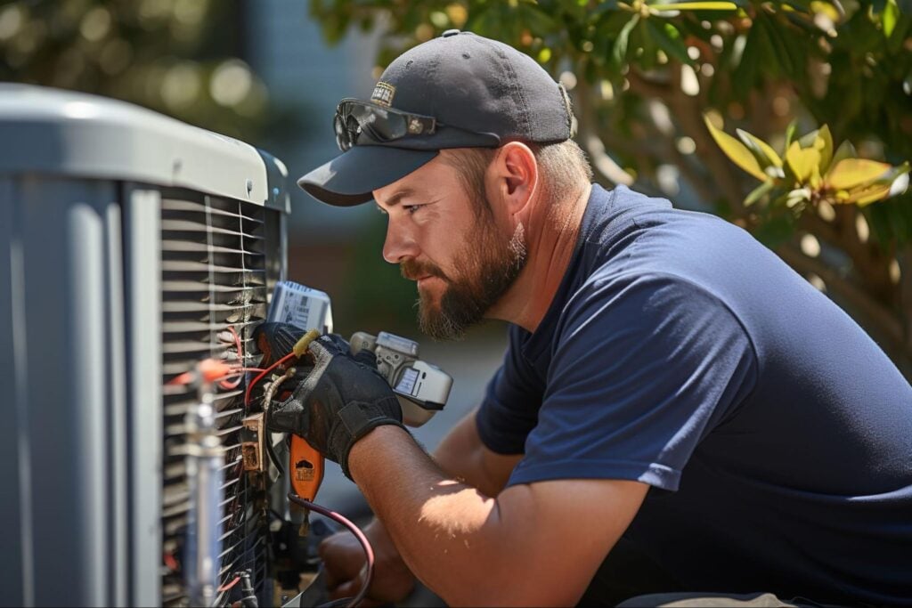 HVAC journeyman in navy shirt and cap repairs outdoor AC unit using tools, wearing gloves, surrounded by greenery.