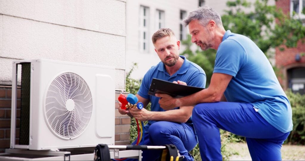 Two HVAC technicians in blue uniforms service an outdoor AC unit, reviewing gauges and clipboard on paths to HVAC journeyman status.