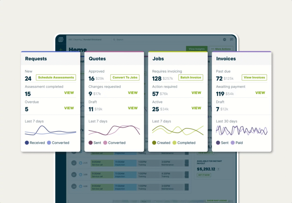 Plumber CRM dashboard on Hook Agency's site showing Requests, Quotes, Jobs, and Invoices panels with stats and action buttons.