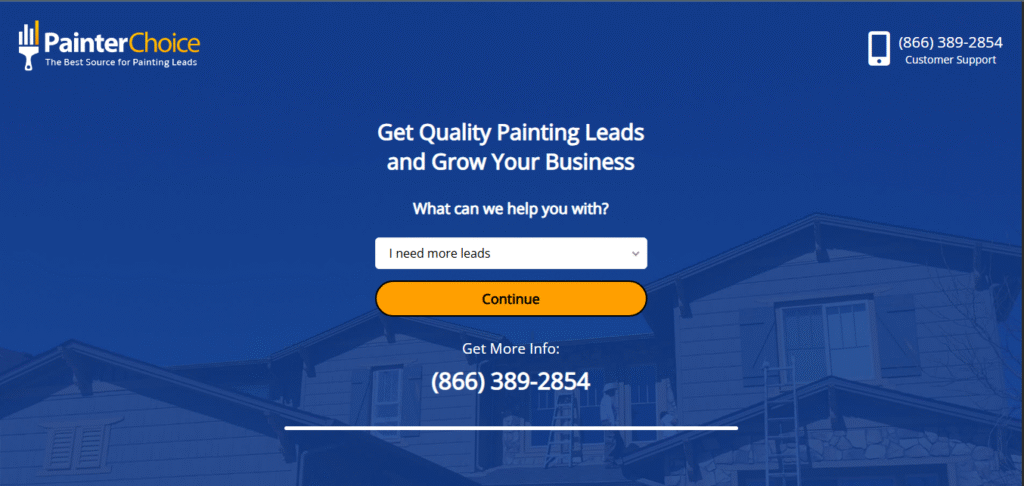 Homepage screenshot of PainterChoice on Hook Agency site: blue background, logo, phone, painting leads form, faded house image.