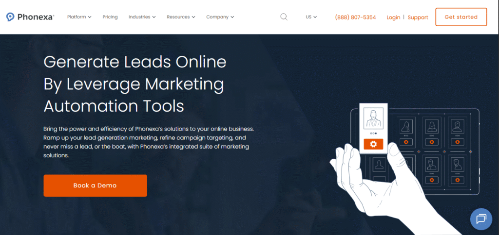 Hook Agency homepage with blue design, marketing automation for painting leads, "Book a Demo" button, contact card, login/get started options.