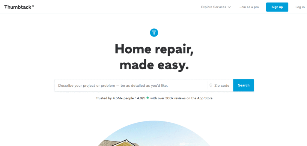 Screenshot of Thumbtack’s homepage: “Home repair, made easy.” Project search bar, zip code field, blue “Search” button for leads.