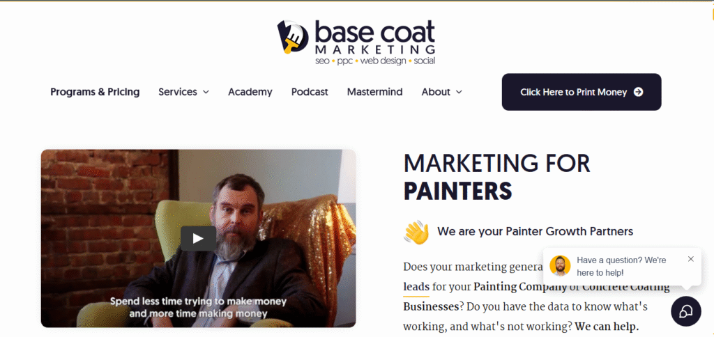 Screenshot of Base Coat Marketing on Hook Agency’s site, featuring a video and headline on painting business lead generation.