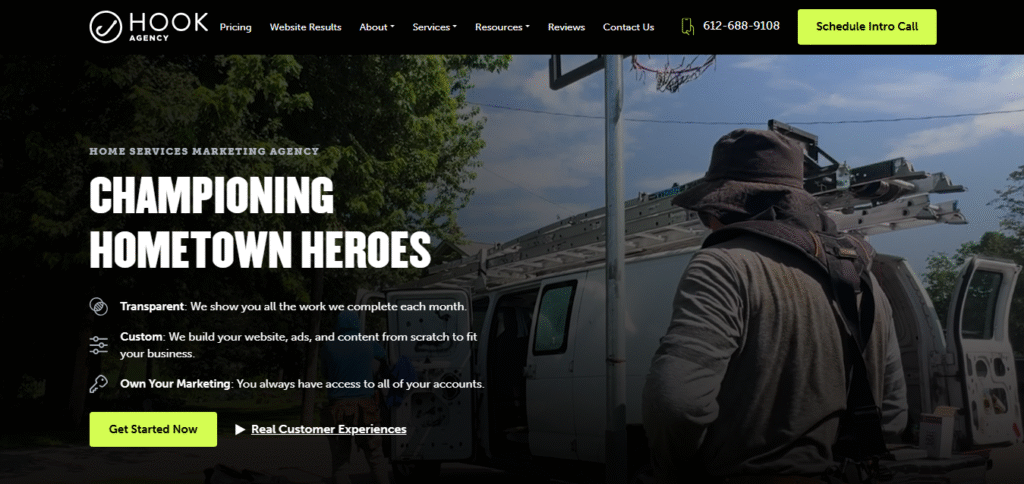 Worker in hat and backpack by a white van with ladders, under a hoop. Hook Agency site highlights painting marketing and CTA.