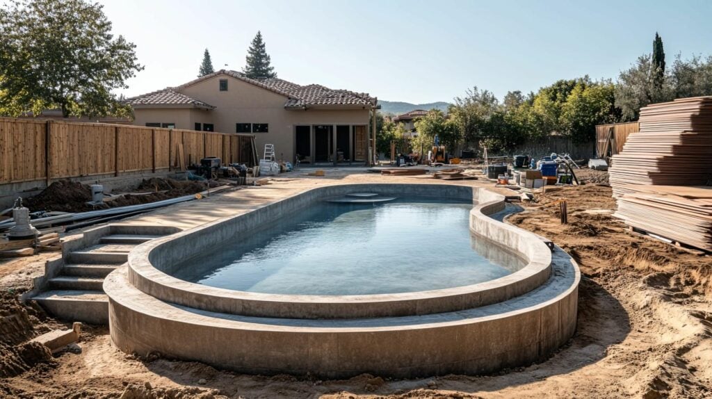 Backyard pool installation in progress—unfinished in-ground pool, materials, and equipment highlight expert U.S. craftsmanship.