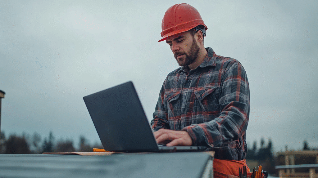 Construction worker in red hard hat and plaid shirt uses laptop onsite, demonstrating digital solutions for construction projects.