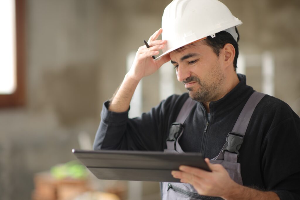 Construction worker in white hard hat and dark overalls reviews contractor SEO mistakes on a clipboard, standing at an indoor job site.