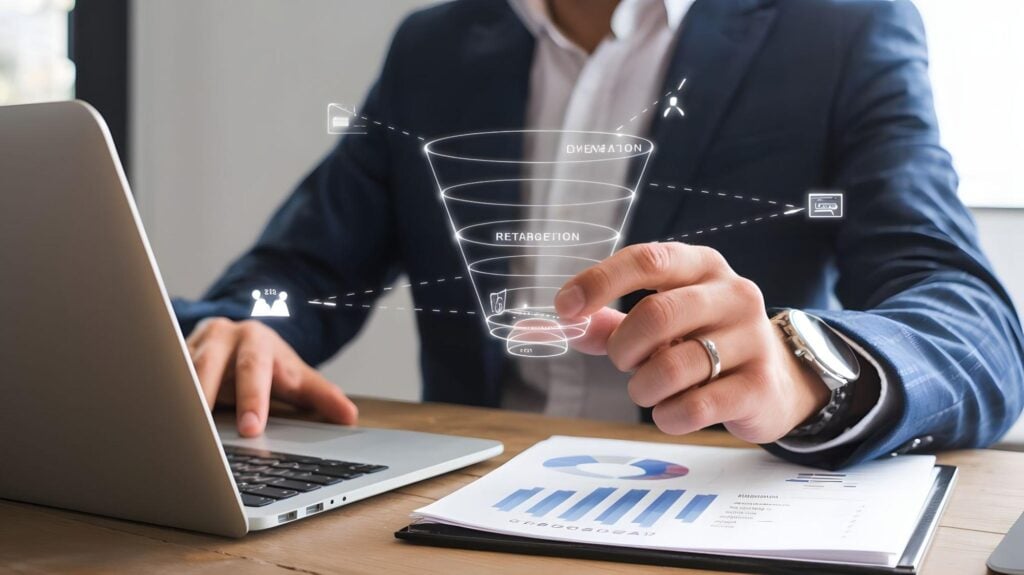 Professional reviewing lead generation funnel stages—retargeting, conversion—on laptop at desk with charts; for contractors.