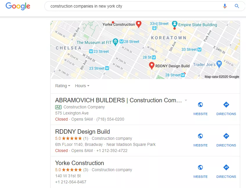 Screenshot of Google search for "construction companies in New York City" showing map, top 3 listings, and SEO revenue links.