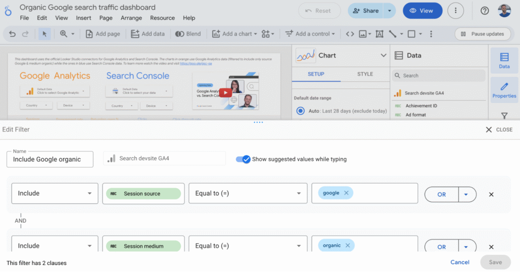 Screenshot of a Looker Studio dashboard filtering for "google" organic sessions, highlighting 2025 Contractor SEO results on Hook Agency.