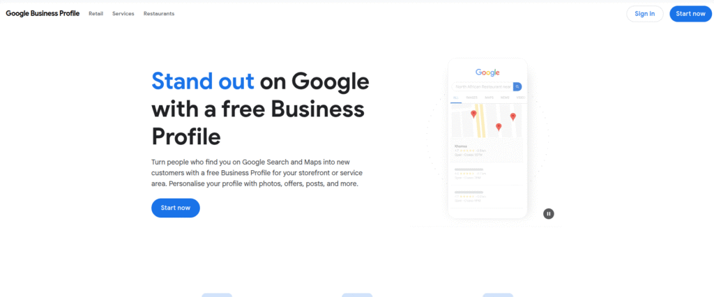 Screenshot of Google Business Profile page on Hook Agency’s site: “Stand out on Google” text, phone mockup, “Start now” button.