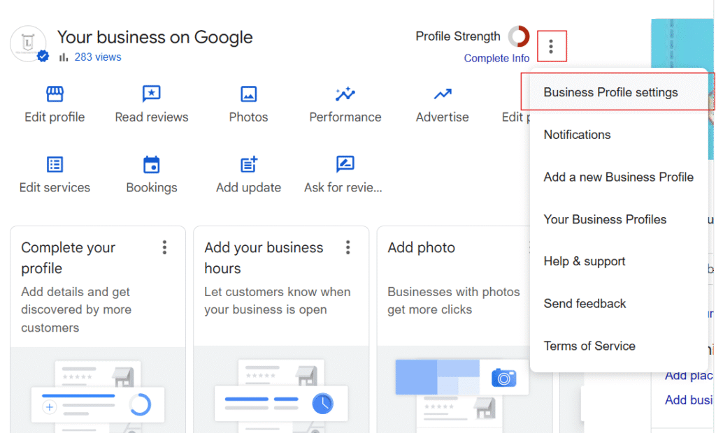 Screenshot of Google Business Profile dashboard showing the three-dot menu with key management and support options for your profile.