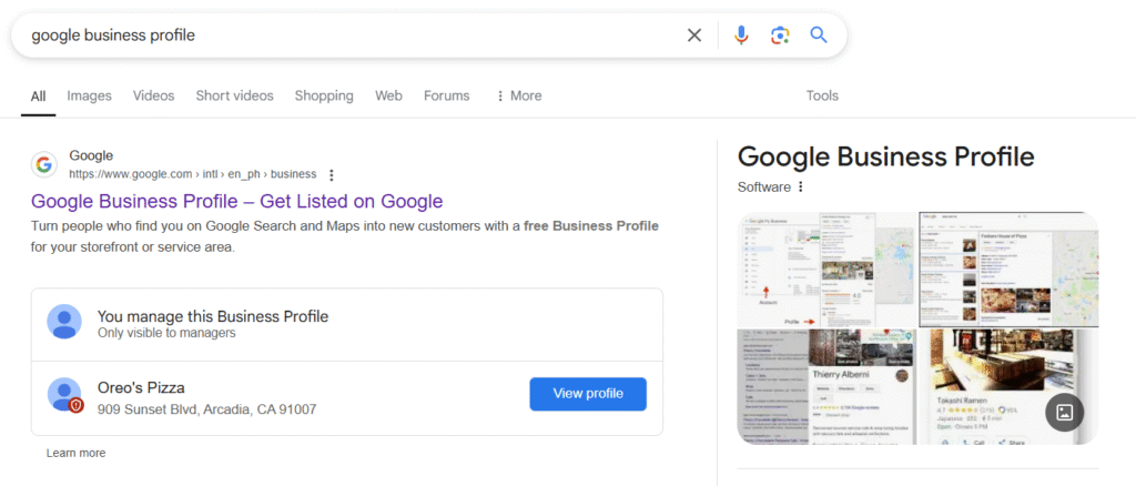 Screenshot of a Google search for "google business profile," displaying Oreo's Pizza with options to view, manage, or remove profile.