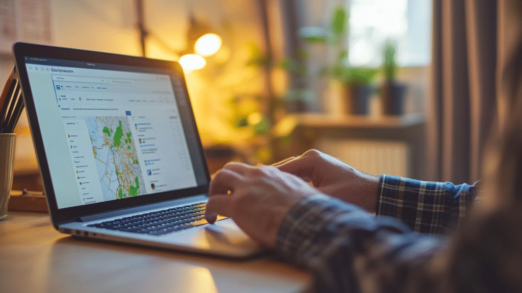 A person in a plaid shirt works on a laptop featuring Hook Agency’s local SEO for contractors website. The screen displays an interactive map and sidebar, while the scene is set in a warmly lit, inviting room with plants and a soft-focus background.