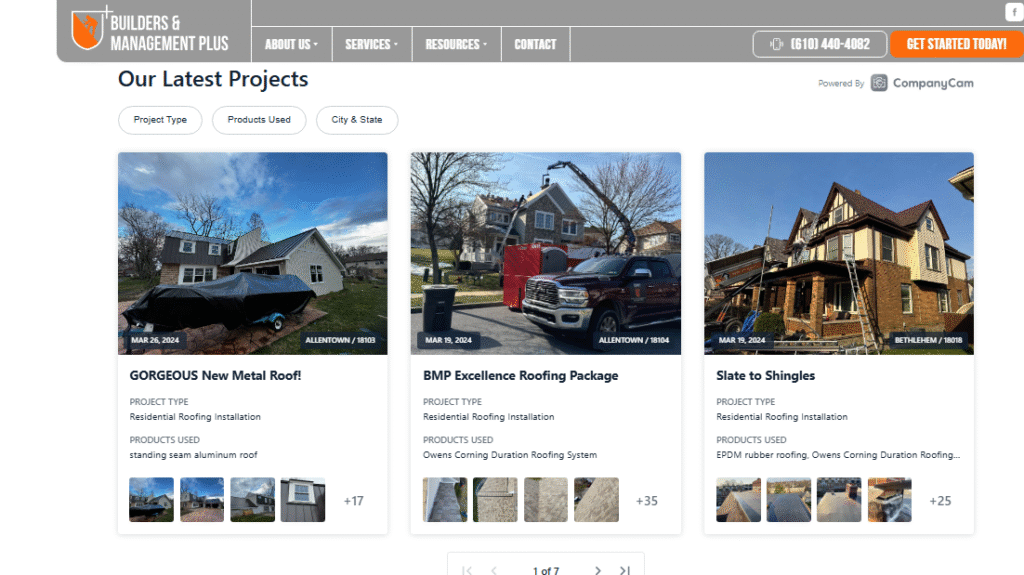 Hook Agency site shows 3 roofing projects with details; top menu and a bold “Get Started Today” button to drive lead generation.