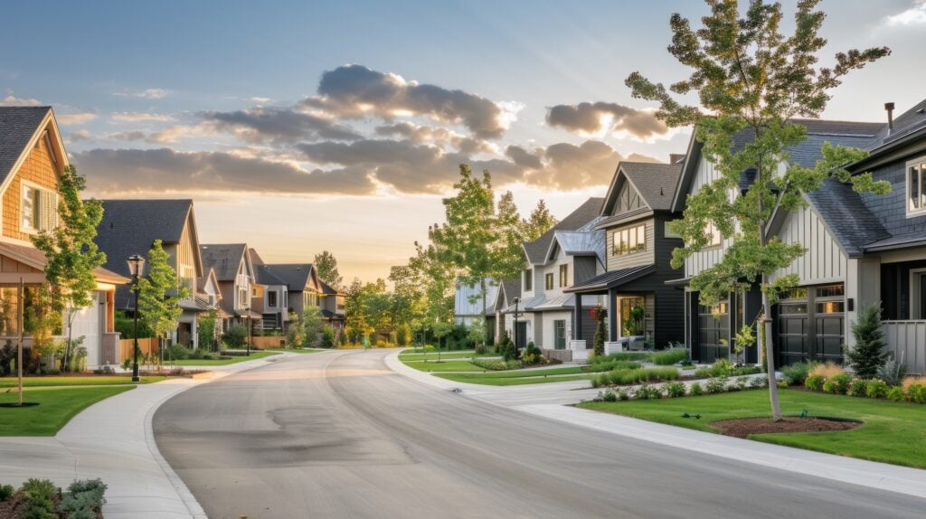 A quiet, suburban street lined with modern, well-maintained homes—perfect for contractors focused on boosting local SEO—features manicured lawns and sunset-lit trees.