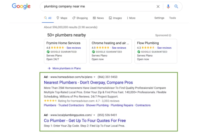 Google search for "plumbing company near me" shows local contractors first, then two lead-gen ads from nearby plumbers offering quotes.