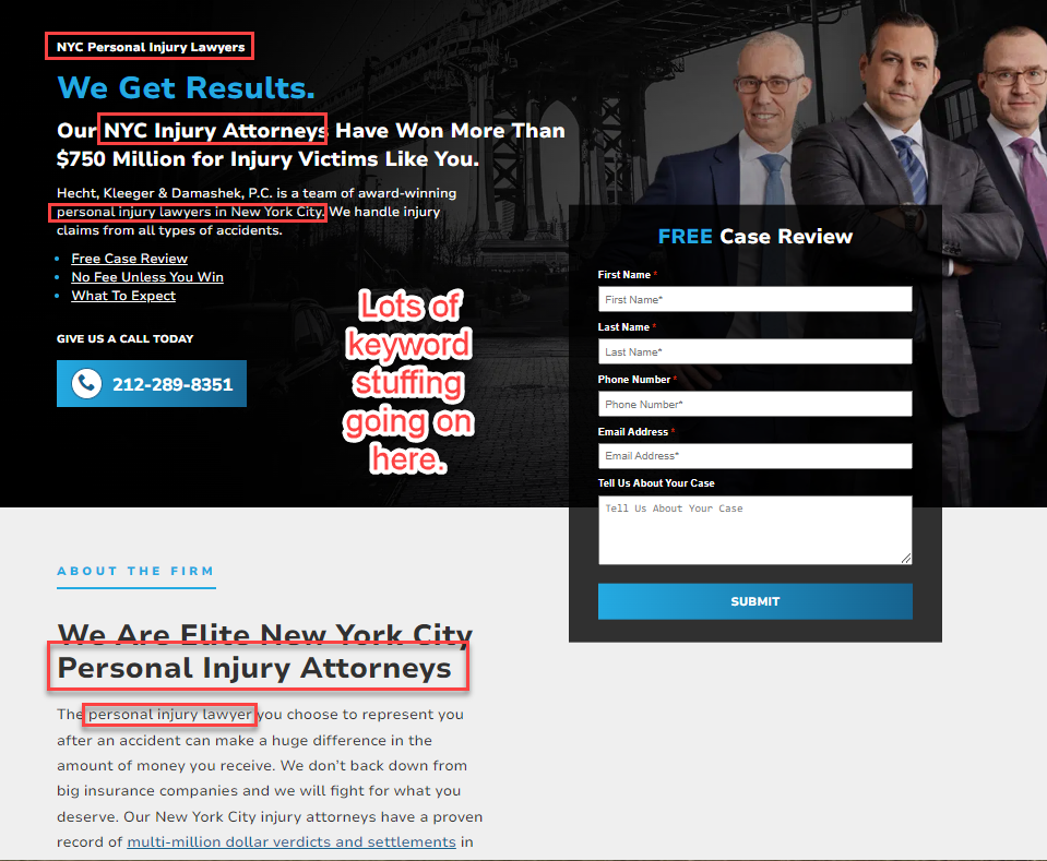 Screenshot on Hook Agency's site: law firm webpage showing keyword stuffing errors and a free case review contact form on the right.