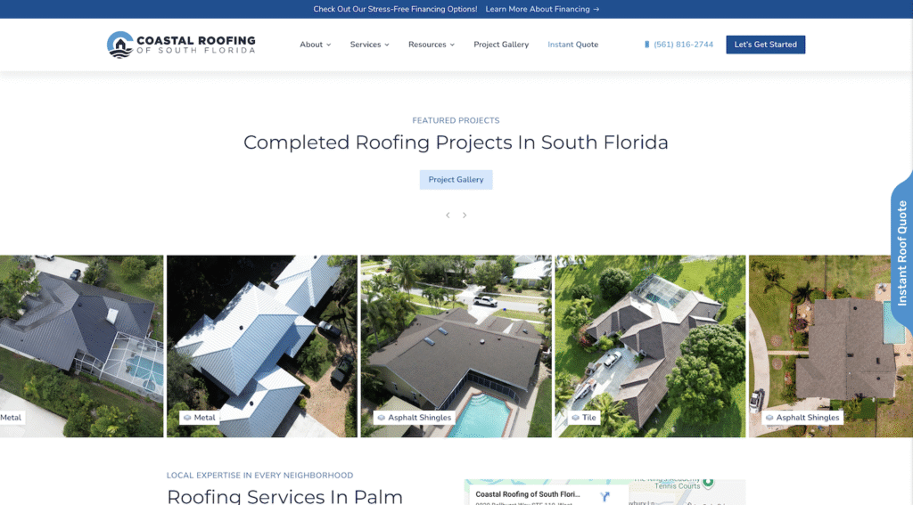 Screenshot of Coastal Roofing of South Florida’s site with four aerial roof project images, top menu, contact buttons, and SEO focus.