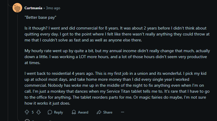 Curtmania details switching from commercial to union residential HVAC for improved work-life balance and pay on Hook Agency’s site.