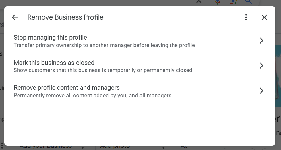 Screenshot of “Remove Google Business Profile” menu showing options to stop managing, mark as closed, or remove profile and managers.