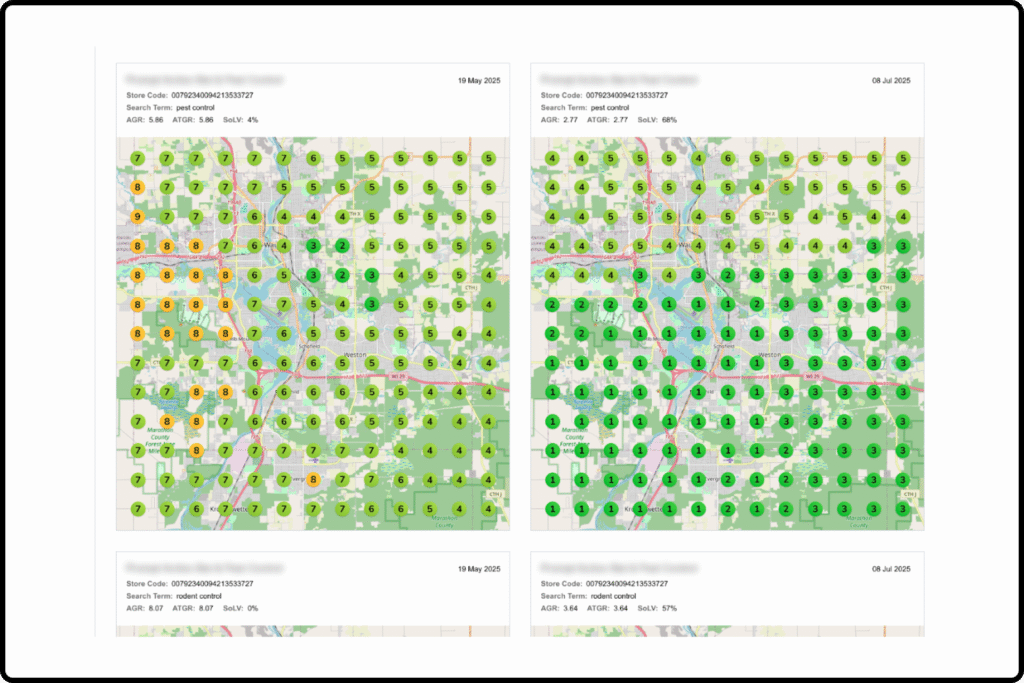 Side-by-side maps display pest control location data. The left map highlights more yellow and orange circles, indicating higher activity areas; the right map features predominantly green circles, showing improved conditions. Roads and green spaces are visible beneath mapped data points. Lead codes and dates are displayed above each map for reference.