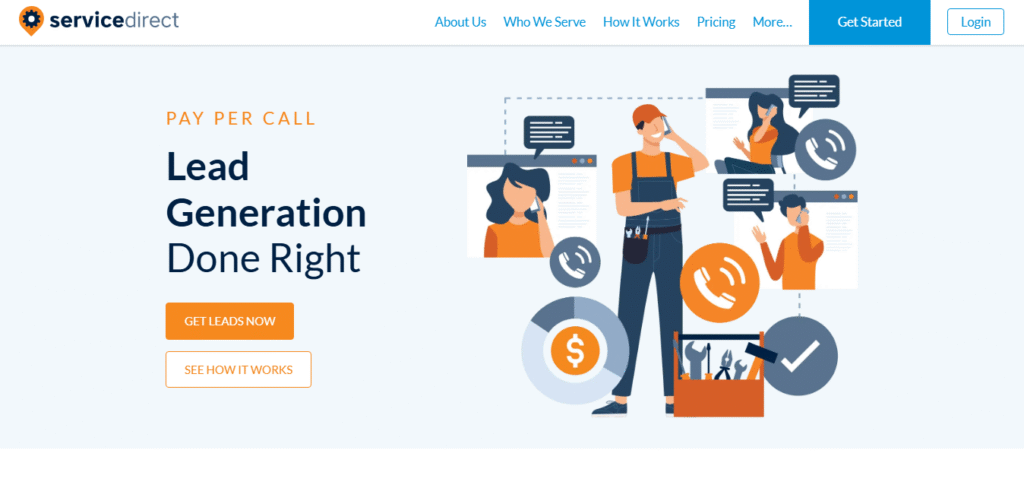 Illustration of device users with icons and "Lead Generation Done Right"—drive quality leads for painting companies via pay-per-call.