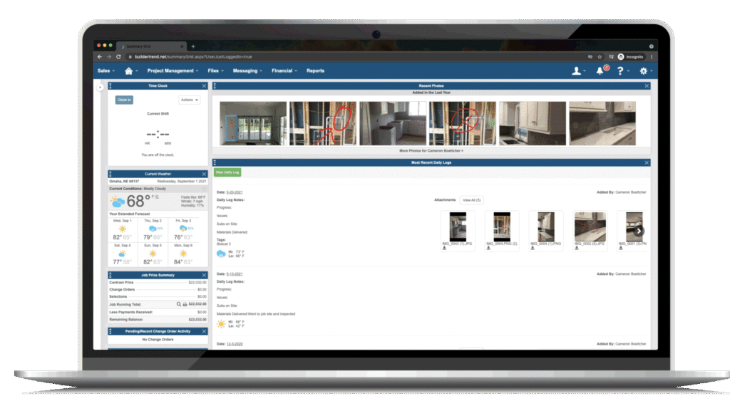 Laptop shows Hook Agency’s Pool Installer dashboard with weather, remodel photos, tasks, images, and CRM-integrated tracking.