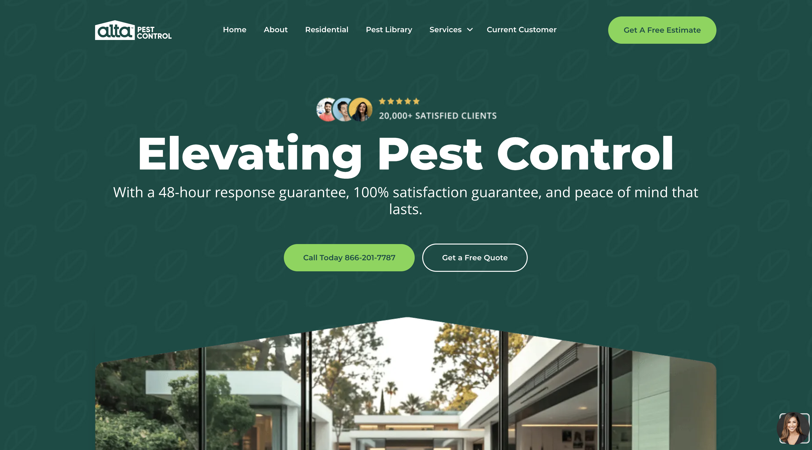 Alta Pest Control homepage with green header, navigation, CTA buttons, client reviews, and modern home—an ideal website example.