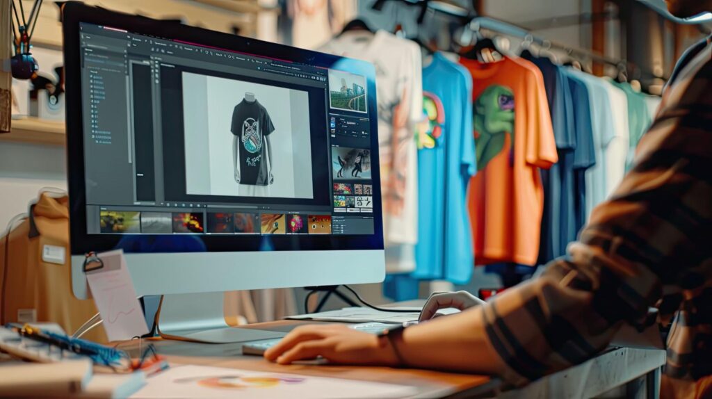 Designer creating a graphic T-shirt on a computer in a shop with vibrant printed shirts and branded uniforms displayed on racks.
