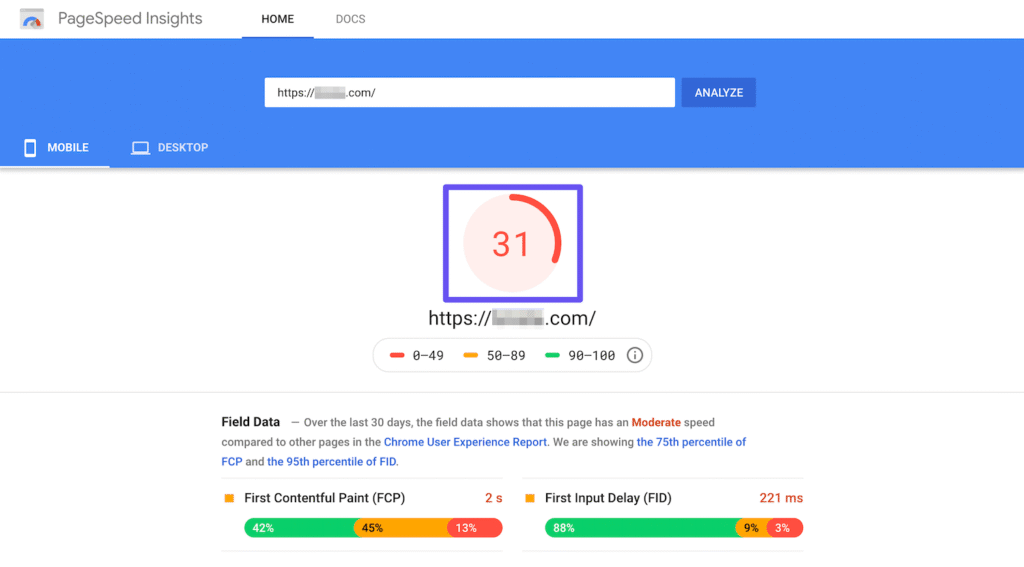 Google PageSpeed Insights screenshot on Hook Agency’s site: speed score 31/100 (red); SEO metrics flagged by impact on rankings.