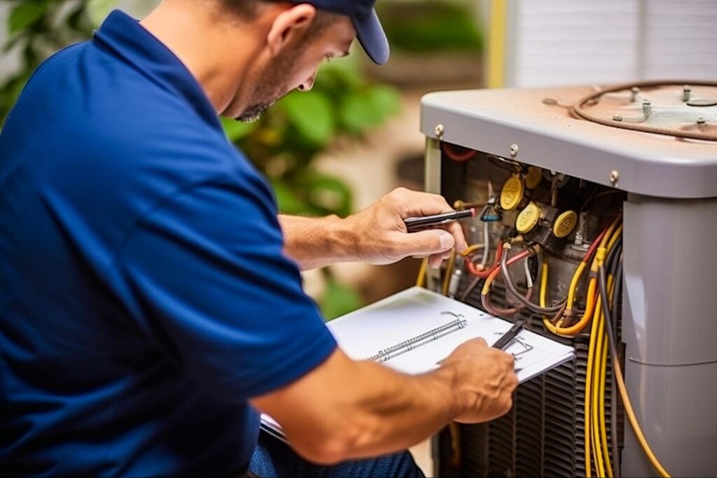 Technician in blue shirt and cap inspects outdoor AC unit, documenting details—ideal image for promoting your HVAC marketing strategy.
