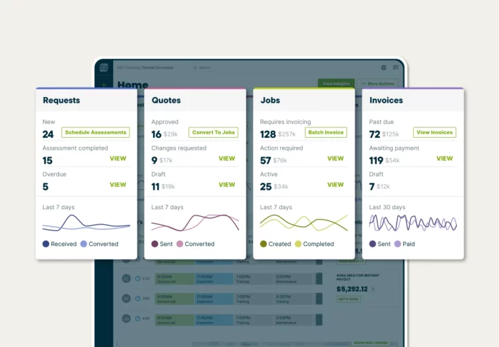 The Hook Agency dashboard shows Requests, Quotes, Jobs, and Invoices—each with stats, actions, and trend graphs by time period.