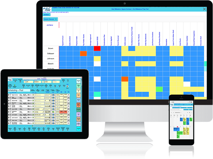 On Hook Agency’s site: Computer, tablet, and smartphone show pool installer CRM with colorful grids and clear scheduling time slots.