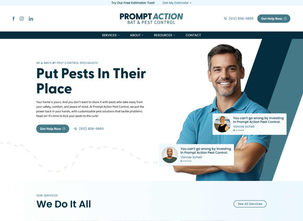 Smiling man with crossed arms on a pest control site; text "Put Pests In Their Place," CTA button, and smaller image with sign.