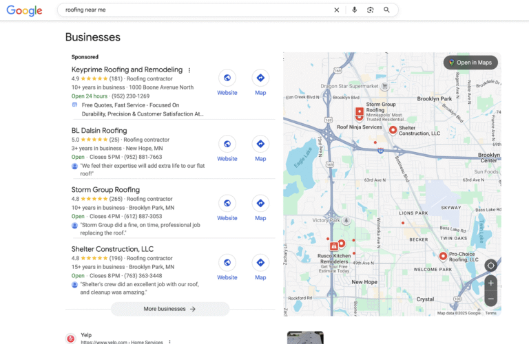 Google search for "roofing near me" shows rated local businesses and contacts left, business map right—showcasing Google Maps SEO impact.