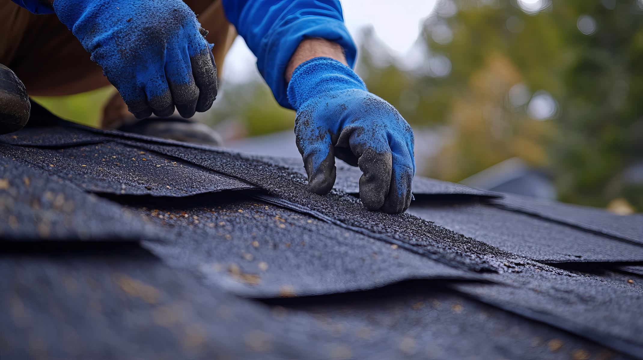 Professional roofer in blue gloves aligns asphalt shingles, demonstrating quality work ideal for Google Maps SEO. Trees behind.